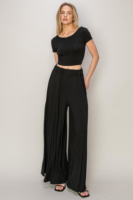 Black Jersey Top And Wide Leg Pants Set