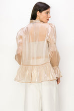 Champagne Shimmer Long Sleeve Neck Ribbon Button Down Top