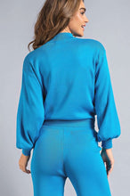 Blue Banded Wrist Knit Top And Bottom Set