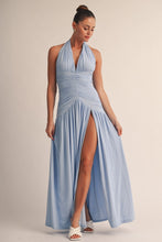 Blue Seraphina Ruched Mesh Halter Maxi Dress