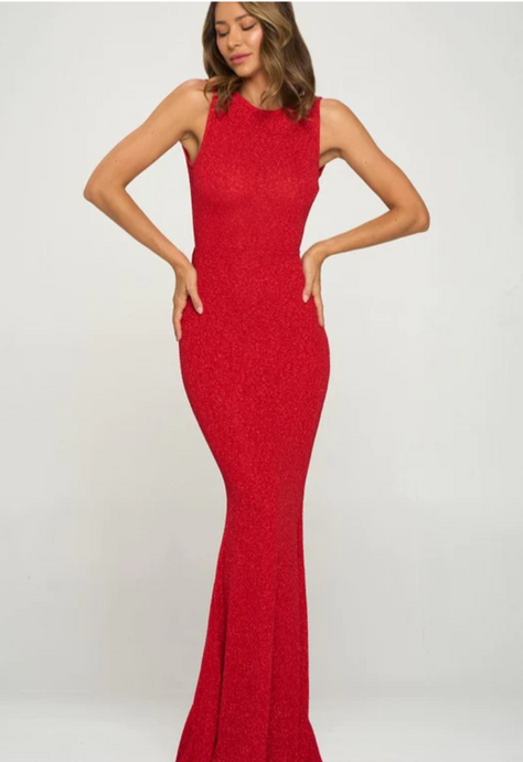 Red Bow Ruffle Glitter Maxi Dress