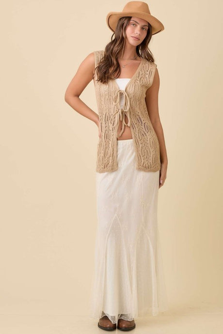 Ivory Mesh Midi Skirt With Contrasting Godet Ruffle