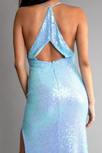 Blue Multi Color Sequin Halter Neck Deep V-Neck Keyhole