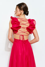 Red Organza Shoulder Strap Cutout Lace-up Maxi Dress