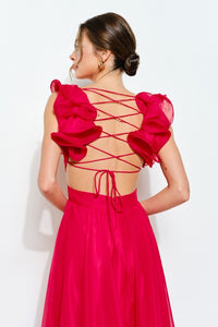 Red Organza Shoulder Strap Cutout Lace-up Maxi Dress