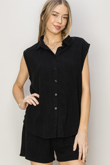 Black Set-Linen Shirt And Shorts Set