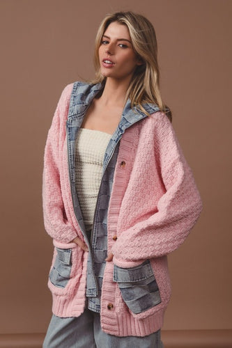 Blush/Denim Washed Checker Denim Zip Up Sweater Cardigan