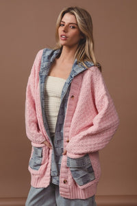 Blush/Denim Washed Checker Denim Zip Up Sweater Cardigan