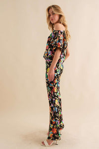 Black Multi Sequin Flower Boots Cut Long Pants