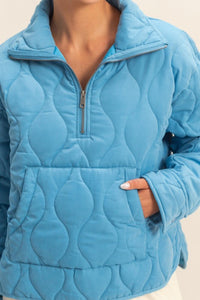 Ocean Blue Quilted Half Zip High Neck Pullover