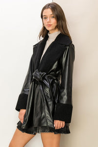 Black Cool Intentions Faux Fur Pu Tie Waist Coat