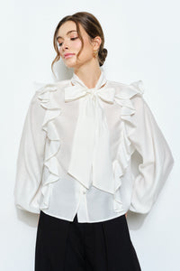 Ivory Soft Wool Blouse With Bow Tie & Pearl Buttons