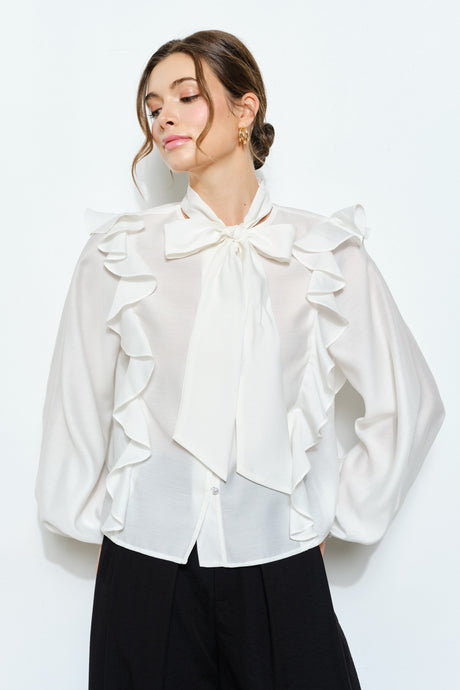 Ivory Soft Wool Blouse With Bow Tie & Pearl Buttons