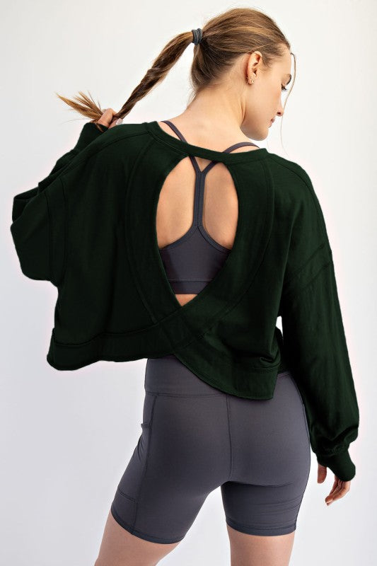 Regency Green Cotton Slub Open Back Long Sleeve Top