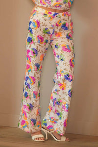 White Multi Sequin Flower Boots Cut Long Pants