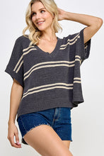 Dark Grey Textured Stripe V-Neck Sweater Top