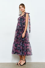 Black Multi Organza Floral Printed Tiered Midi Dress