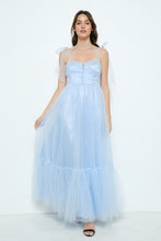 Light Blue Bow Tie Strap Lace-up Back Tulle Maxi Dress