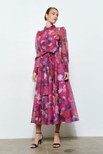 Berry Floral Organza Puff Sleeve Belted Shirt Dress