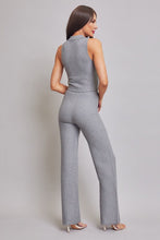 Grey Knit Sleeveless Collar Top And Pants Set