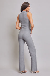 Grey Knit Sleeveless Collar Top And Pants Set