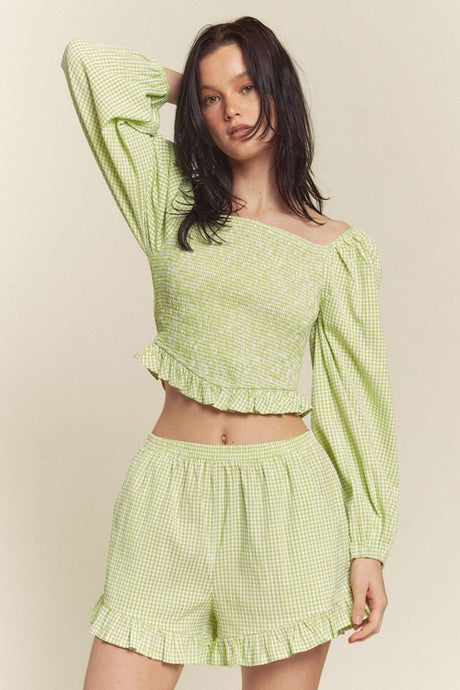 Green Gingham Smocked Top With Shorts Set