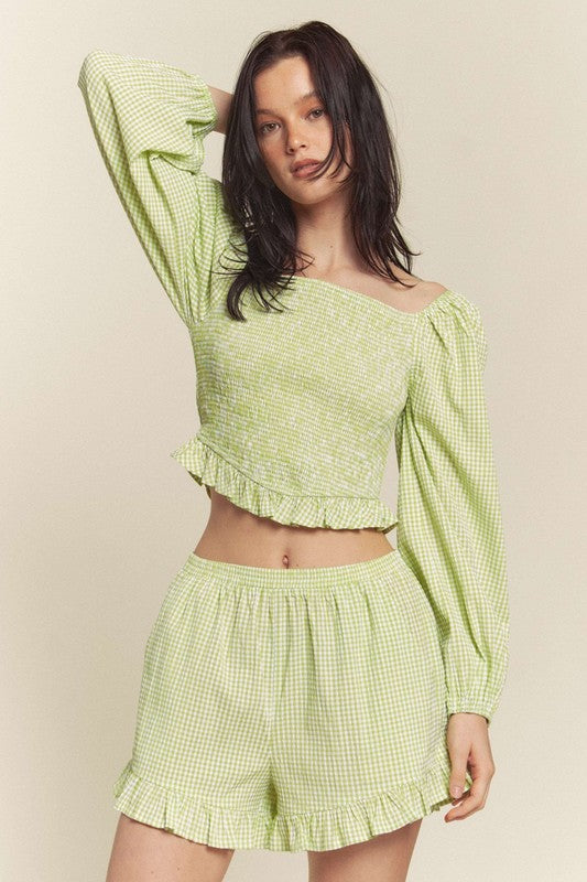 Green Gingham Smocked Top With Shorts Set