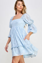 Light Blue Flower Textured Tiered Peasant Sleeve Dress