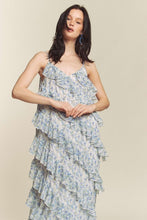 Blue Combo Floral Rufflr Spaghetti Strap Maxi Dress