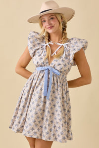 Light Grey Deep V-neck Mini Dress With Bubble Sleeve And Hem