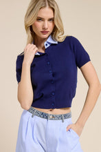 Navy Striped Collar Short Sleeve Knit Top
