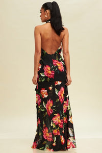 Black Multi Floral Rosette Maxi Dress