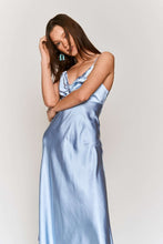 Sky Blue Satin Tie Bust Spaghetti Strap Midi Dress