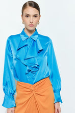 Teal Chic Satin Ruffled Jeweled Bell Sleeves Blouse Top