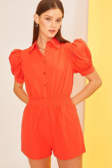 Orange Red Collar Neck Puff Sleeve Top Elastic Waist Shorts