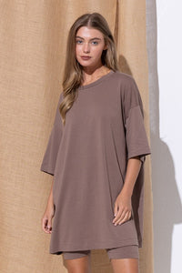 Brown Knit Oversize Tee Shirt An Shorts Casual Biker Set