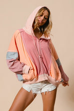 Marsala/Peach Raw Edge Color Block Washed Terry Zip Up Hoodie