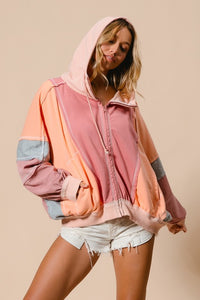 Marsala/Peach Raw Edge Color Block Washed Terry Zip Up Hoodie