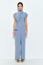 Cornflower Blue High Neck Draped Waist Cap Sleeve Jumpsuit