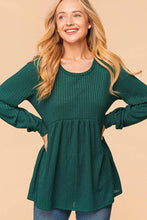 Hunter Green Plus Two Tone Rib Babydoll Bubble Sleeve Knit Top