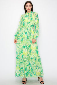 Green Combo Floral Print Button Down Closure Self Tie Maxi Dress