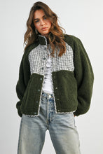 Olive Multi Quilted Plaid Sherpa Fleece Snap Jacket