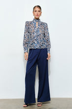 White/Blue Leopard High Neck Long Sleeve Blouse