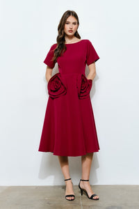 Burgundy Elegant Rose Applique A-line Midi Dress