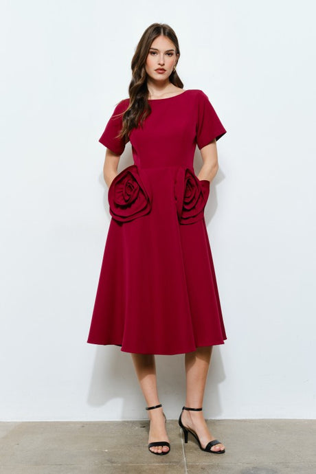 Burgundy Elegant Rose Applique A-line Midi Dress