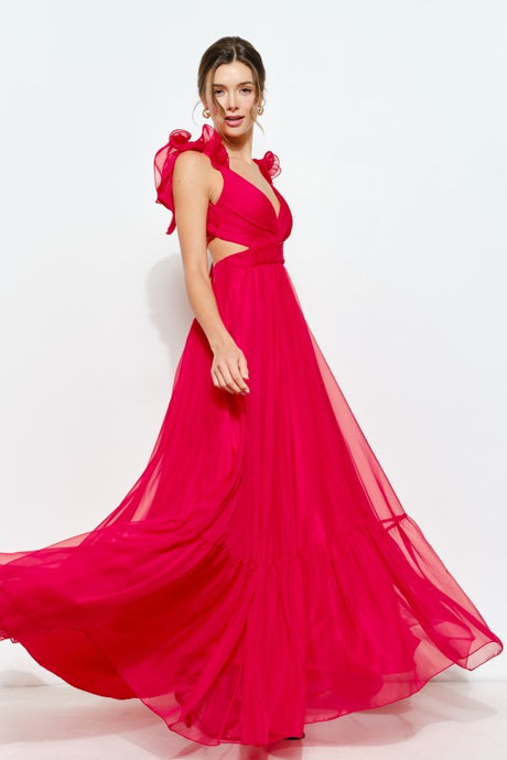 Red Organza Shoulder Strap Cutout Lace-up Maxi Dress