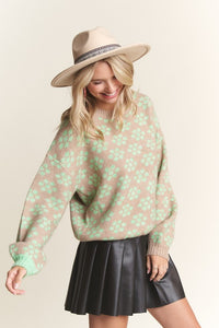 Khaki Floral Pattern Cutesy Sweater Top