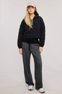 Black Quilted Puffer Sweater With Collared Zipper