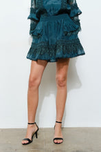 Teal Floral Lace Trim Tiered Mini Skirt