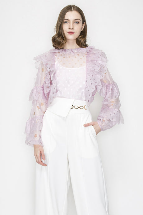 Pink Blush Ruffleed Laser-cut Long Sleeves Blouse Top
